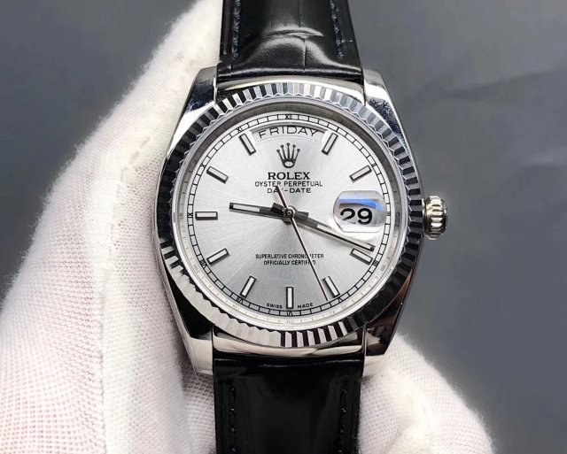 Replica Rolex Day-Date with Black Leather Strap
